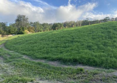 A lush green hill with a curved path and wooden fence under a cloudy blue sky