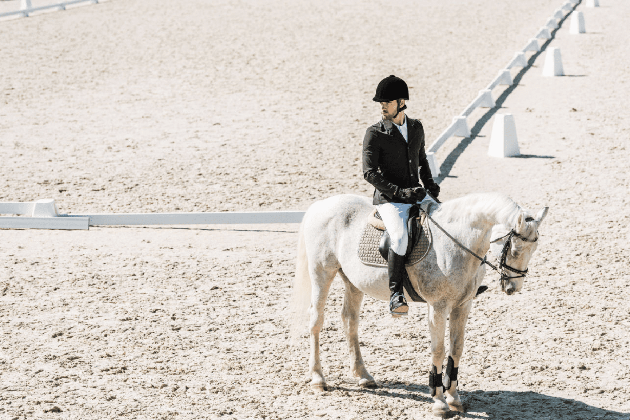 side view of handsome male equestrian sitting on horseback at horse club
